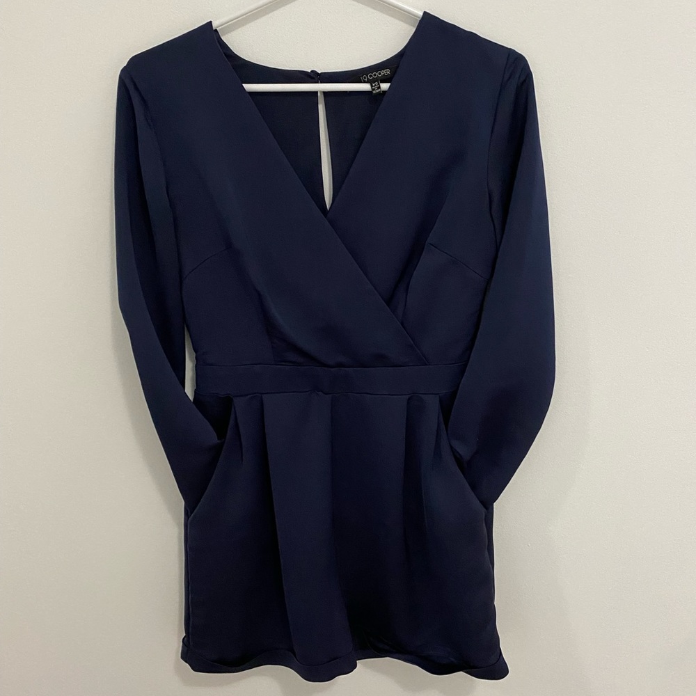 Navy silk long sleeve romper with pockets